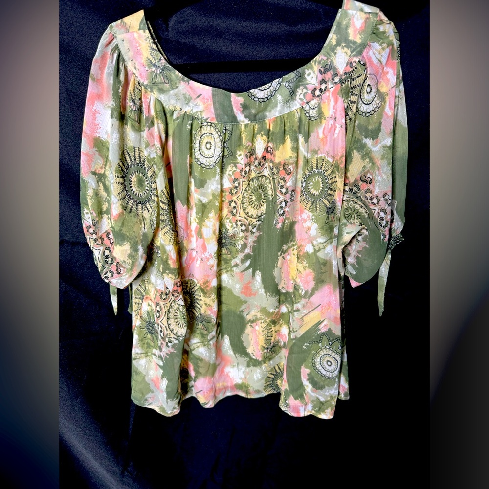 Dressbarn Plus 22/24 Sheer Lined Blouse Pink Green Black Dressy Boutique EUC